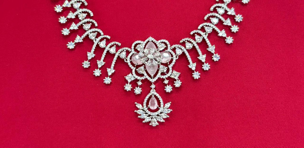 Silver Short Necklace with Flower designed Baby-Pink