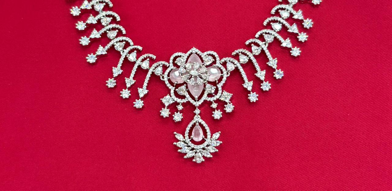 Silver Short Necklace with Flower designed Baby-Pink