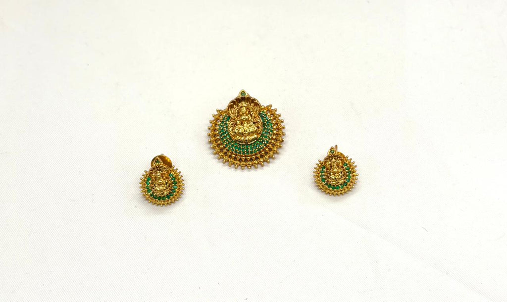 Matte finishing Lakshmi Devi Locket with Green stones