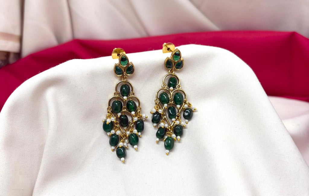 Gold-plated With Green Beads Drop Earring