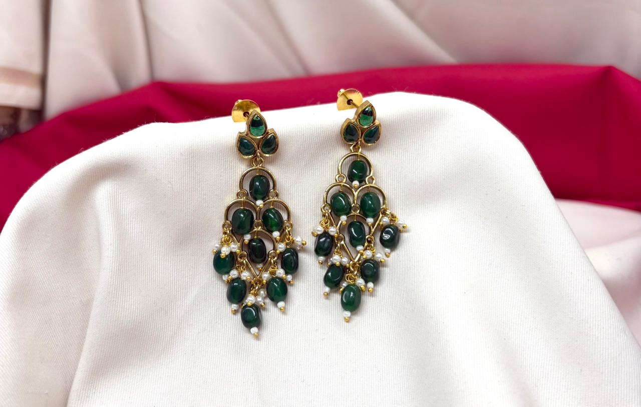 Gold-plated With Green Beads Drop Earring