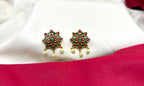 Gold-plated flower design green & pink stones faux pearl drops