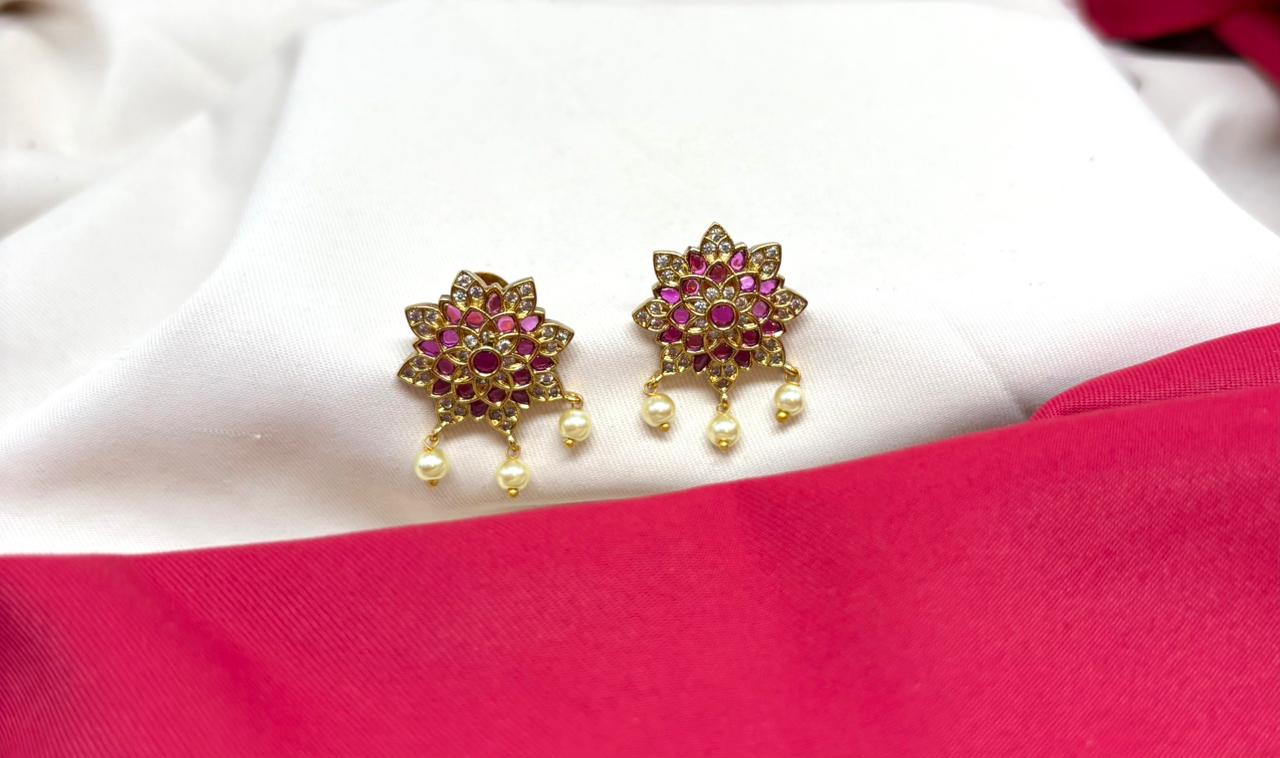 Gold-tone pink-white jadau kundan lotus earring