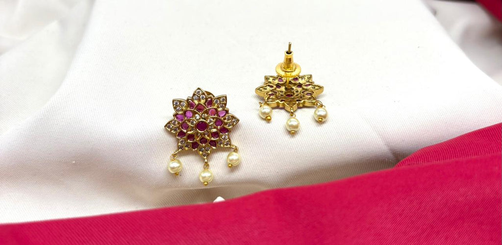 Gold-tone pink-white jadau kundan lotus earring