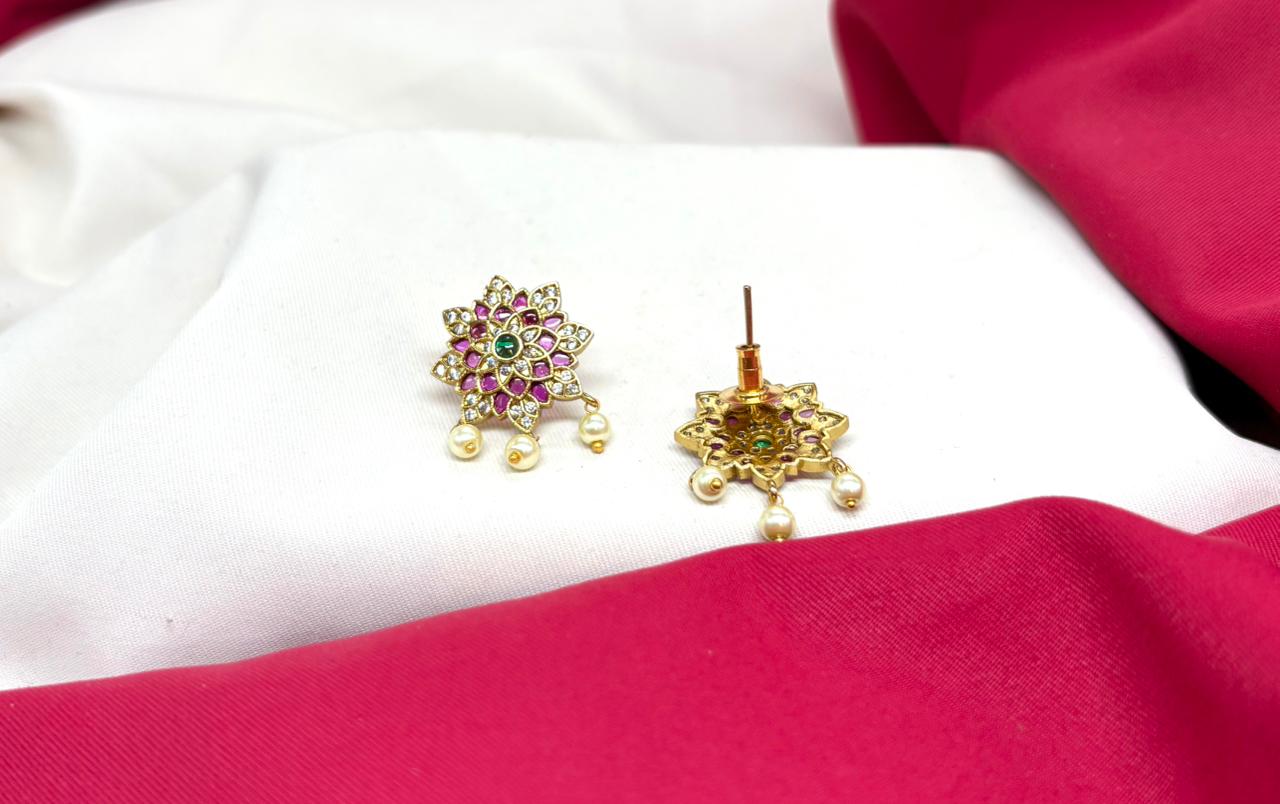 Gold-tone pink-Green jadau kundan lotus earring