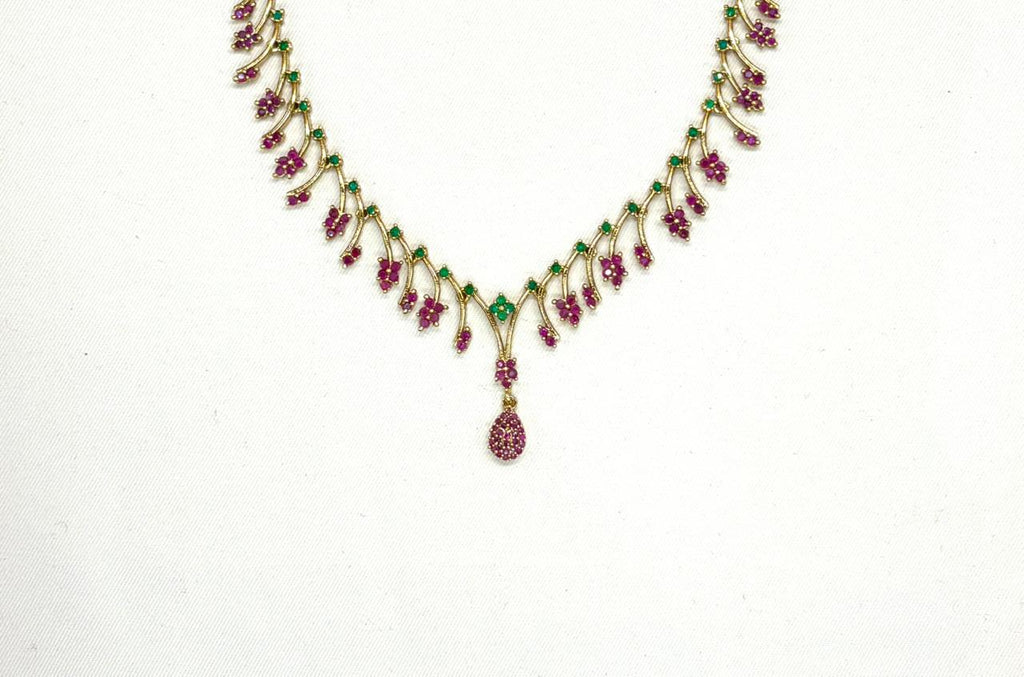 AD floral leaf branch ruby & green stones lightweight Short Necklace
