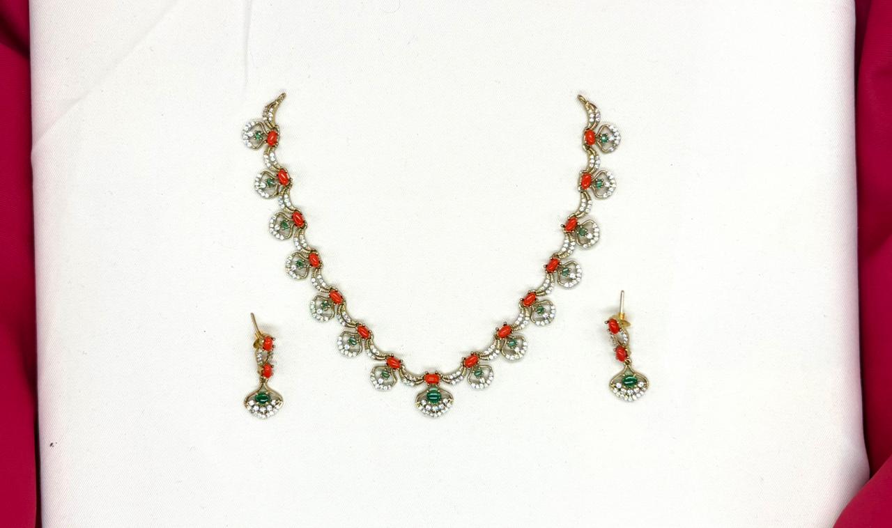 Gold-plated coral emerald,& white American diamond Short Necklace