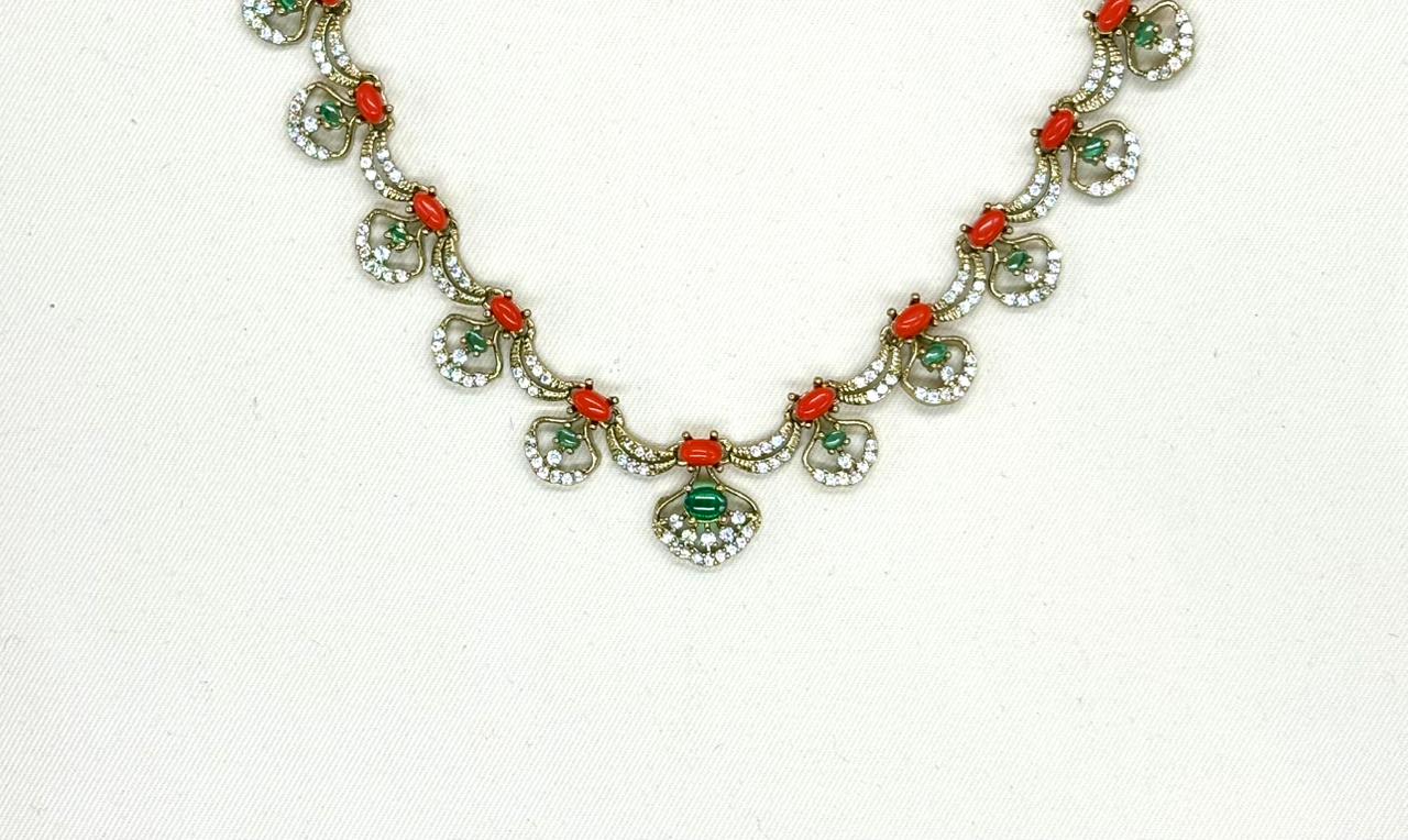 Gold-plated coral emerald,& white American diamond Short Necklace