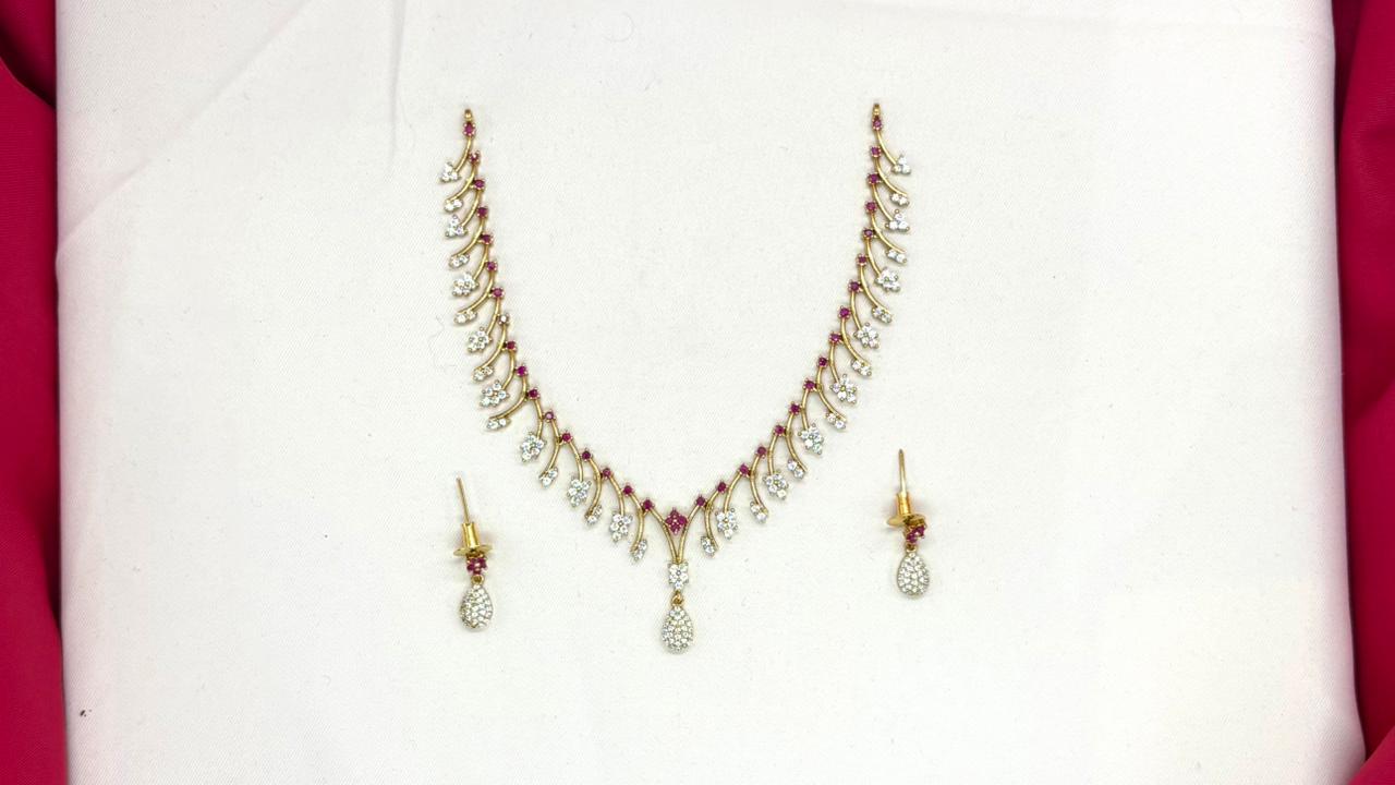 Rhodium-gold polish AD stones lightweight Short Necklace