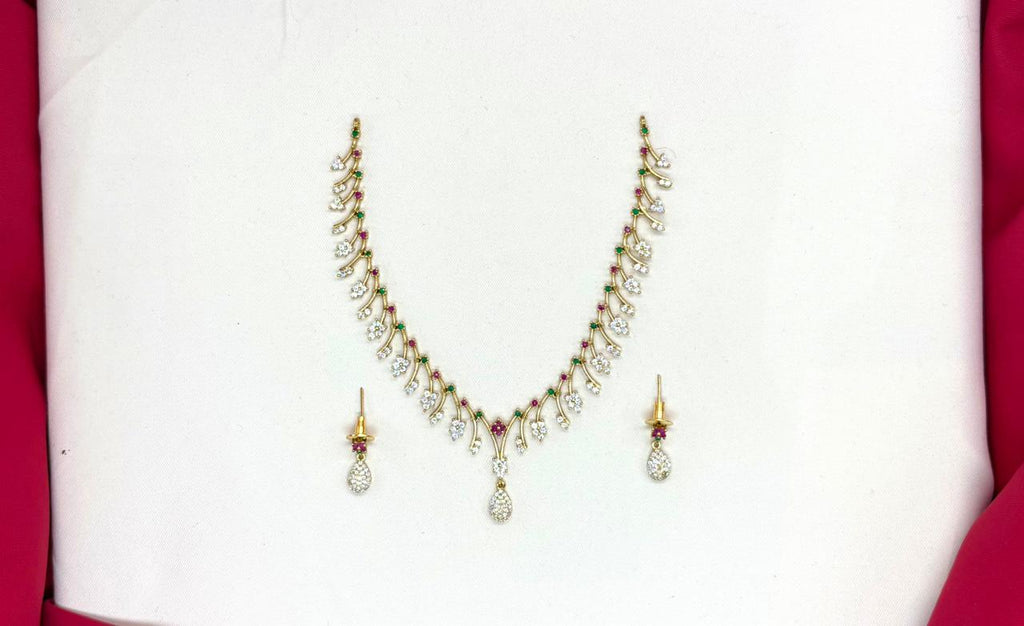Rhodium-gold polish pink/green AD stones lightweight Short Necklace