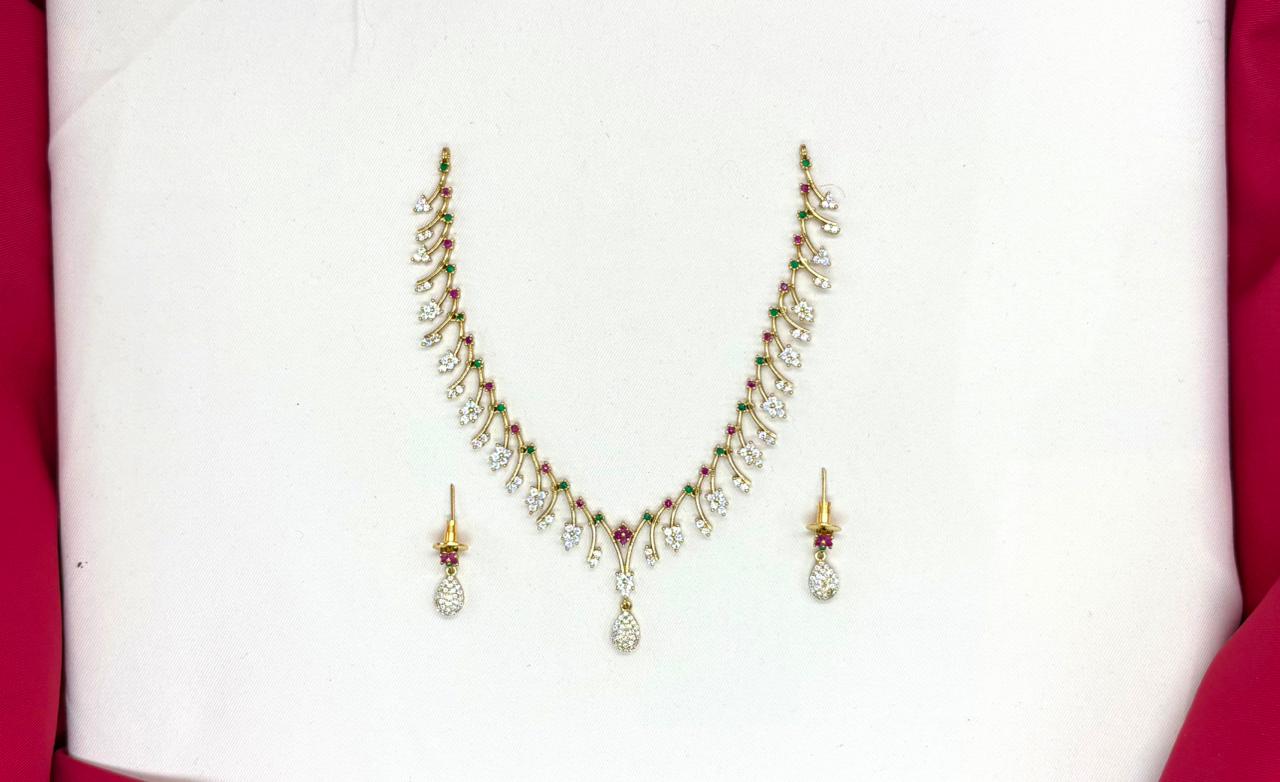 Rhodium-gold polish pink/green AD stones lightweight Short Necklace