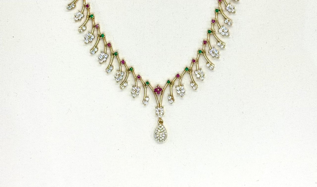 Rhodium-gold polish pink/green AD stones lightweight Short Necklace