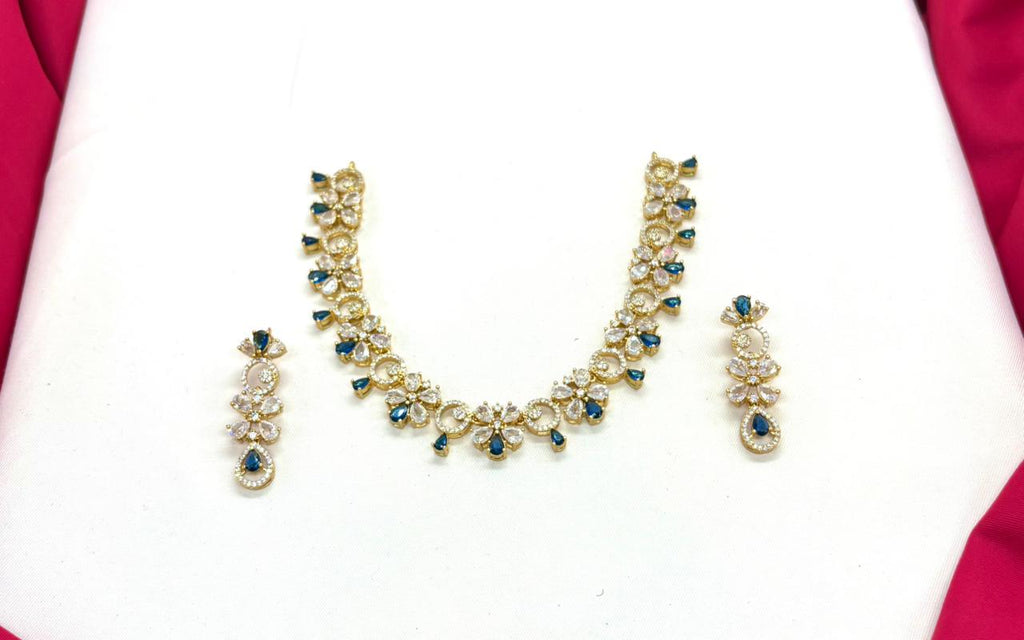 Gold-plated American Diamond Blue Stones Short Necklace