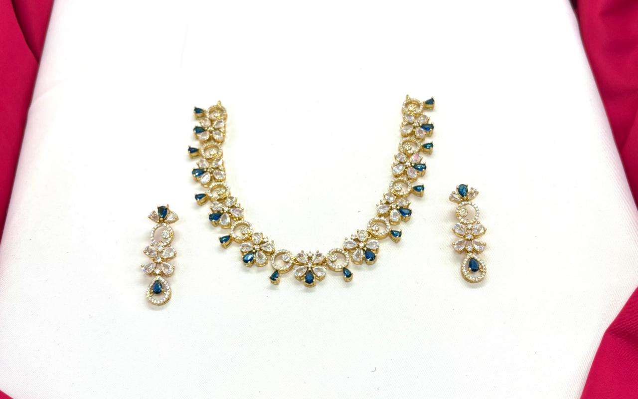Gold-plated American Diamond Blue Stones Short Necklace