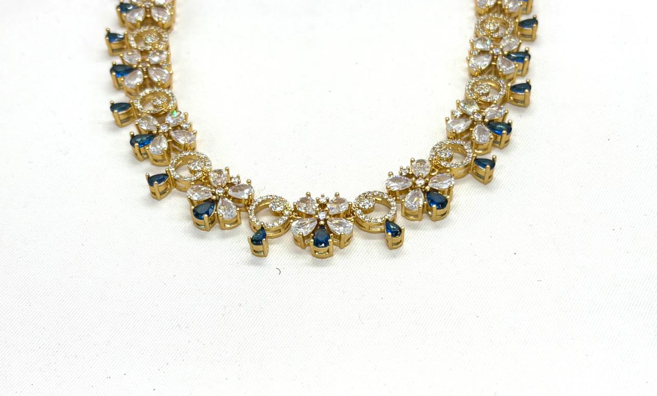 Gold-plated American Diamond Blue Stones Short Necklace