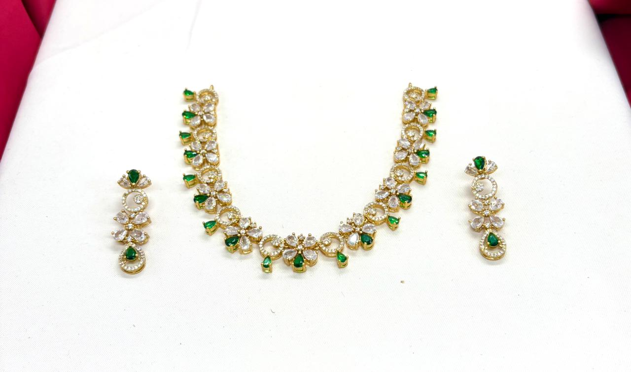 Gold-plated American Diamond Green Stones Short Necklace