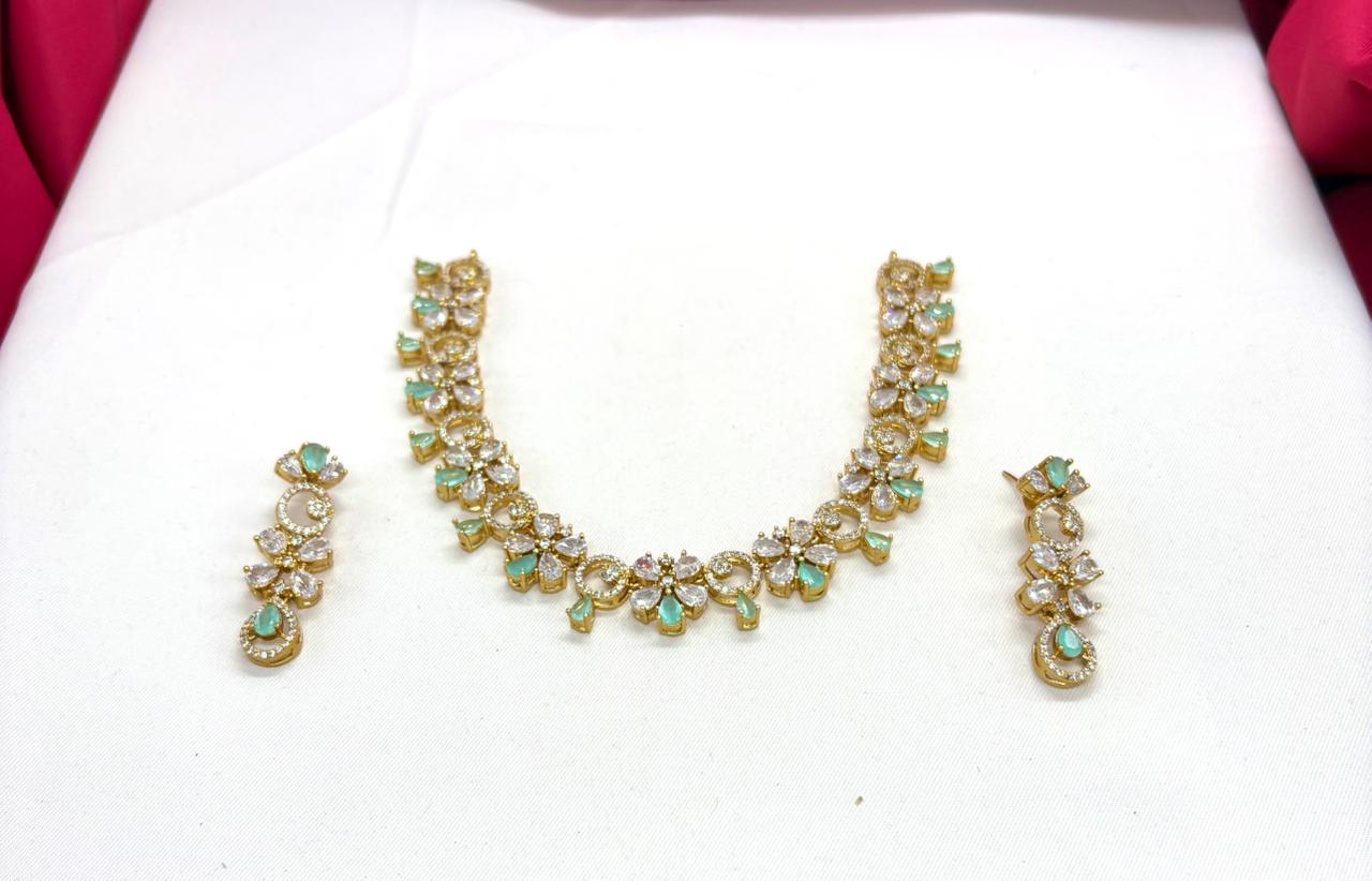 Gold-plated American Diamond Mint-Green Stones Short Necklace