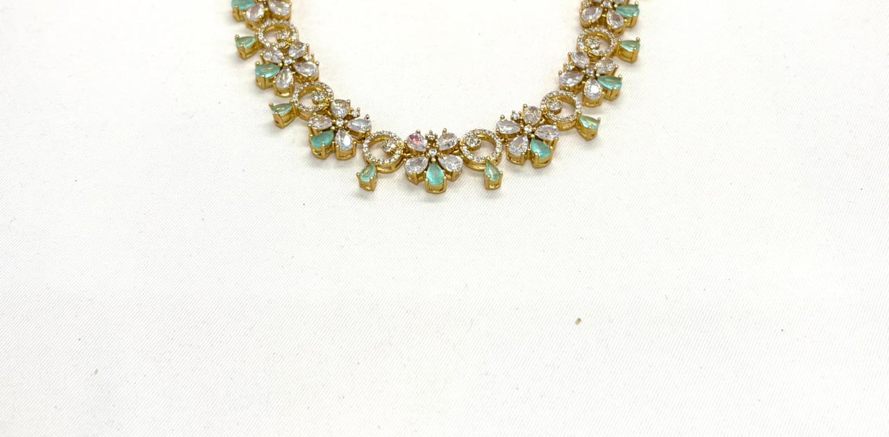 Gold-plated American Diamond Mint-Green Stones Short Necklace