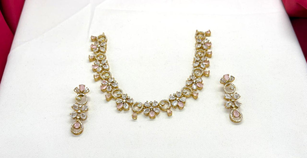 Gold-plated American Diamond Baby-Pink Stones Short Necklace