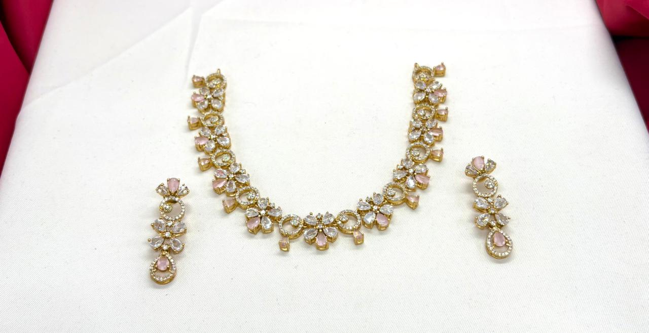 Gold-plated American Diamond Baby-Pink Stones Short Necklace