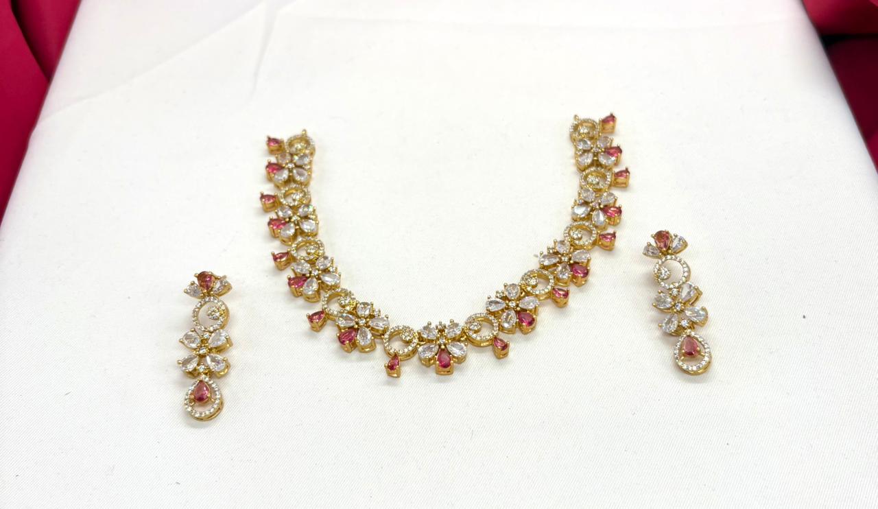 Gold-plated American Diamond Red Stones Short Necklace