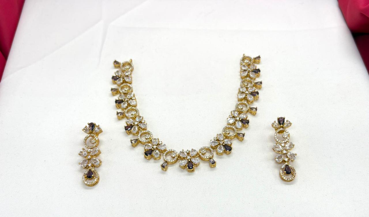 Gold-plated American Diamond Purple Stones Short Necklace