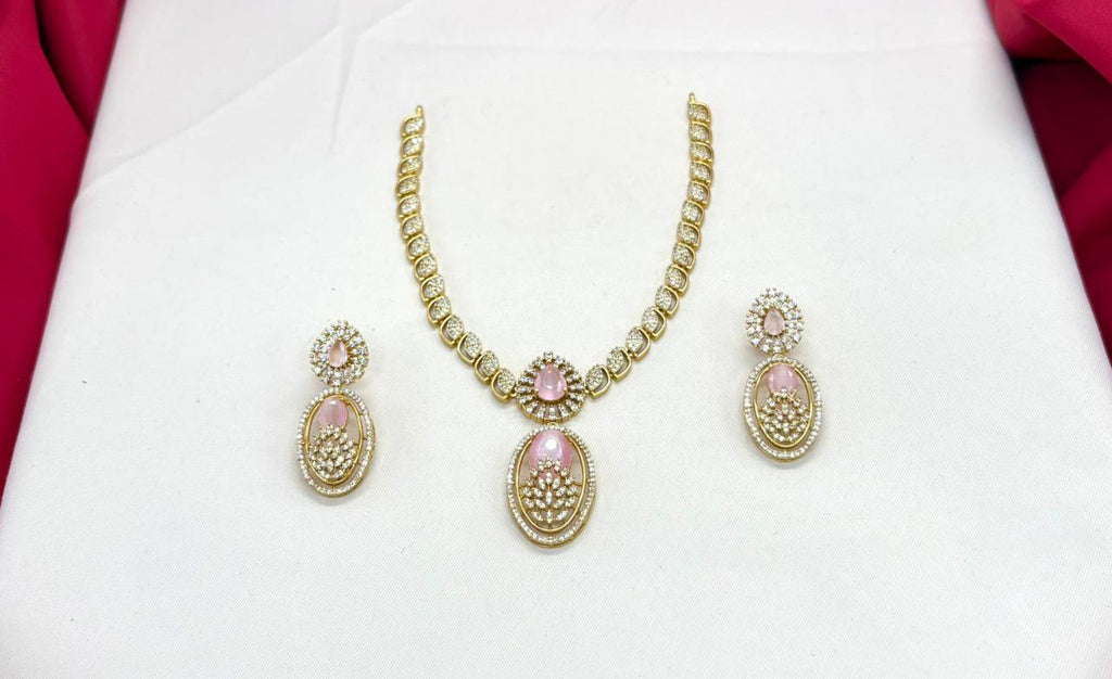 Two-tone finish pink zircon beaded Short Necklace