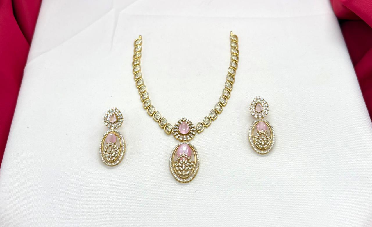 Two-tone finish pink zircon beaded Short Necklace