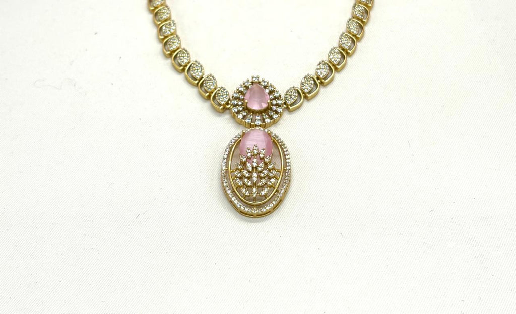 Two-tone finish pink zircon beaded Short Necklace