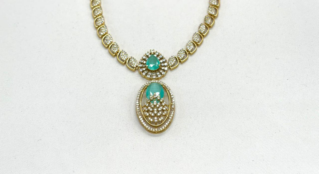 Two-tone finish Mint-Green zircon beaded Short Necklace