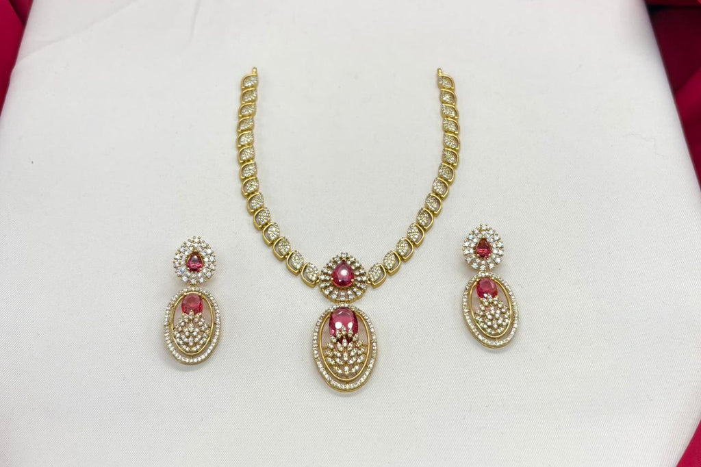 Two-tone finish Red zircon beaded Short Necklace