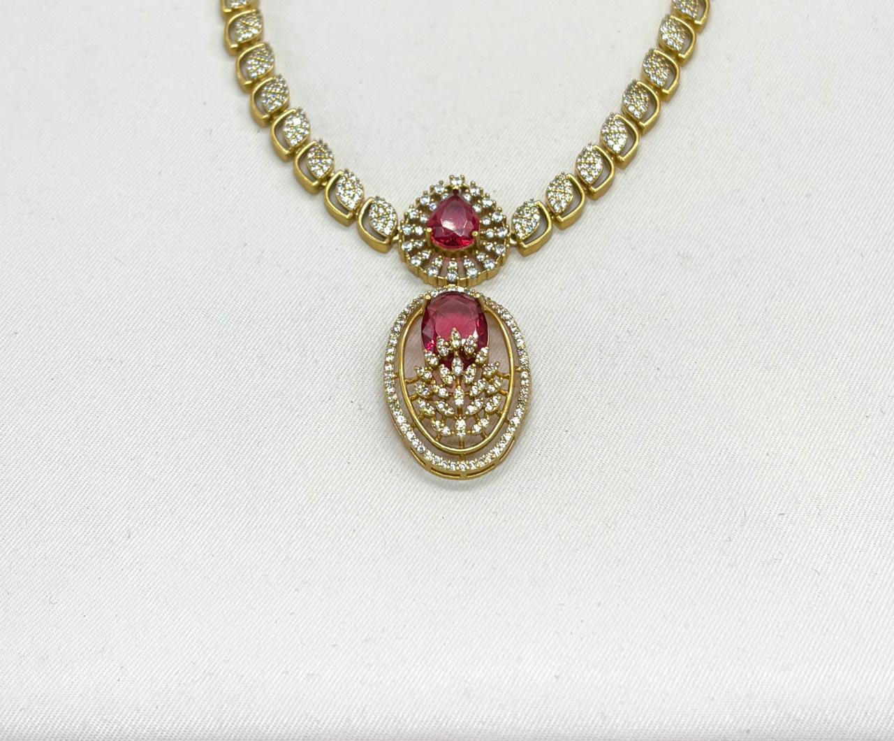 Two-tone finish Red zircon beaded Short Necklace
