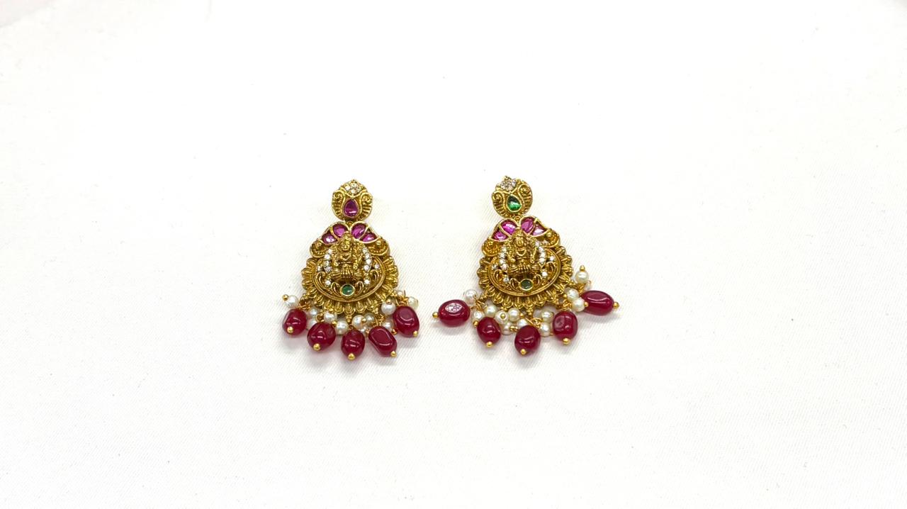Gold-finisg Gaja Lakshmi antique red bead drop earring