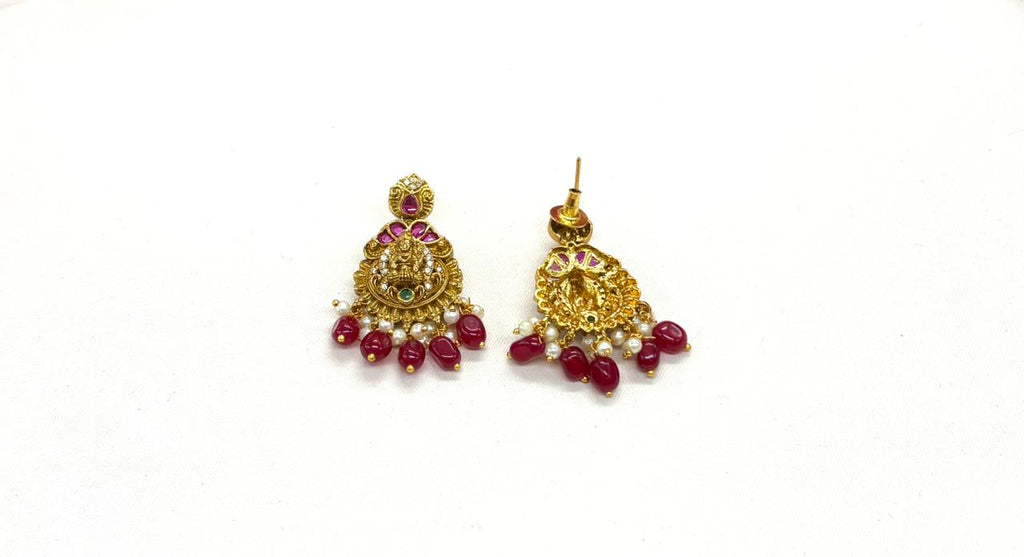 Gold-finisg Gaja Lakshmi antique red bead drop earring