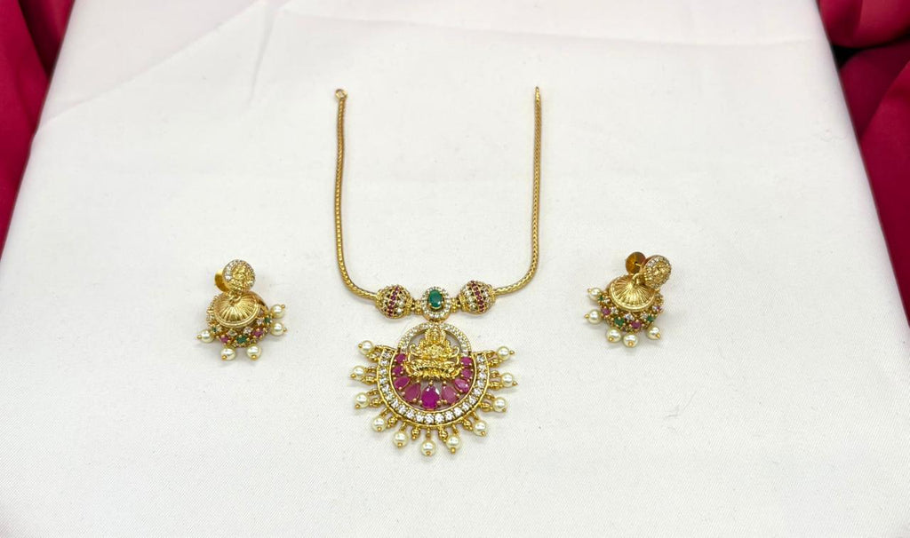 Matte finish temple-style Lakshmi pendant Short Necklace
