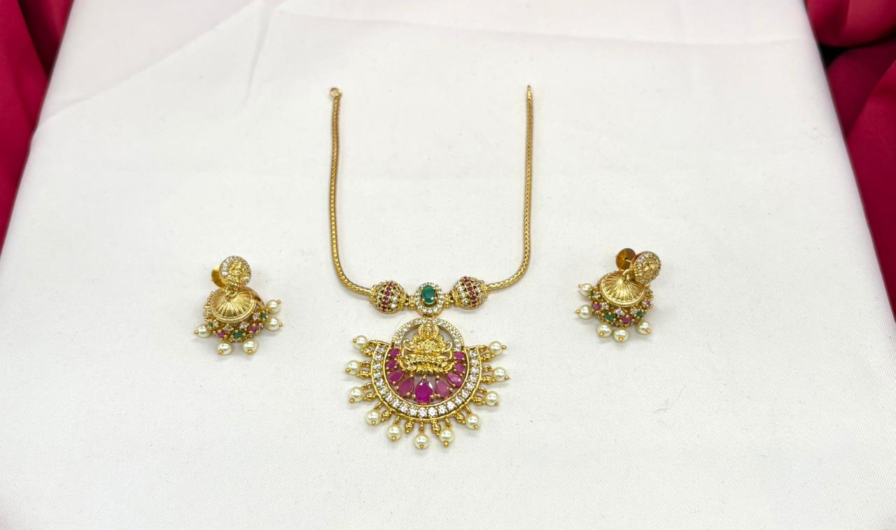 Matte finish temple-style Lakshmi pendant Short Necklace