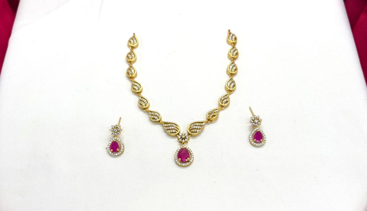 Matte finish Pink cubic zirconia accents Short Necklace