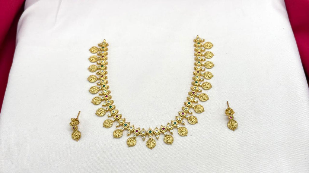 Matte finishing Lord Lakshmi designed with Multi-Stones Short Necklace