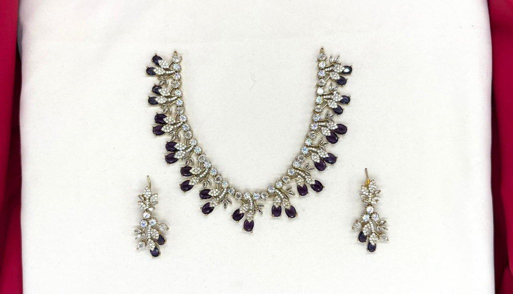 Mehndi finishing Leaf Designed Purple-Stones Short Necklace
