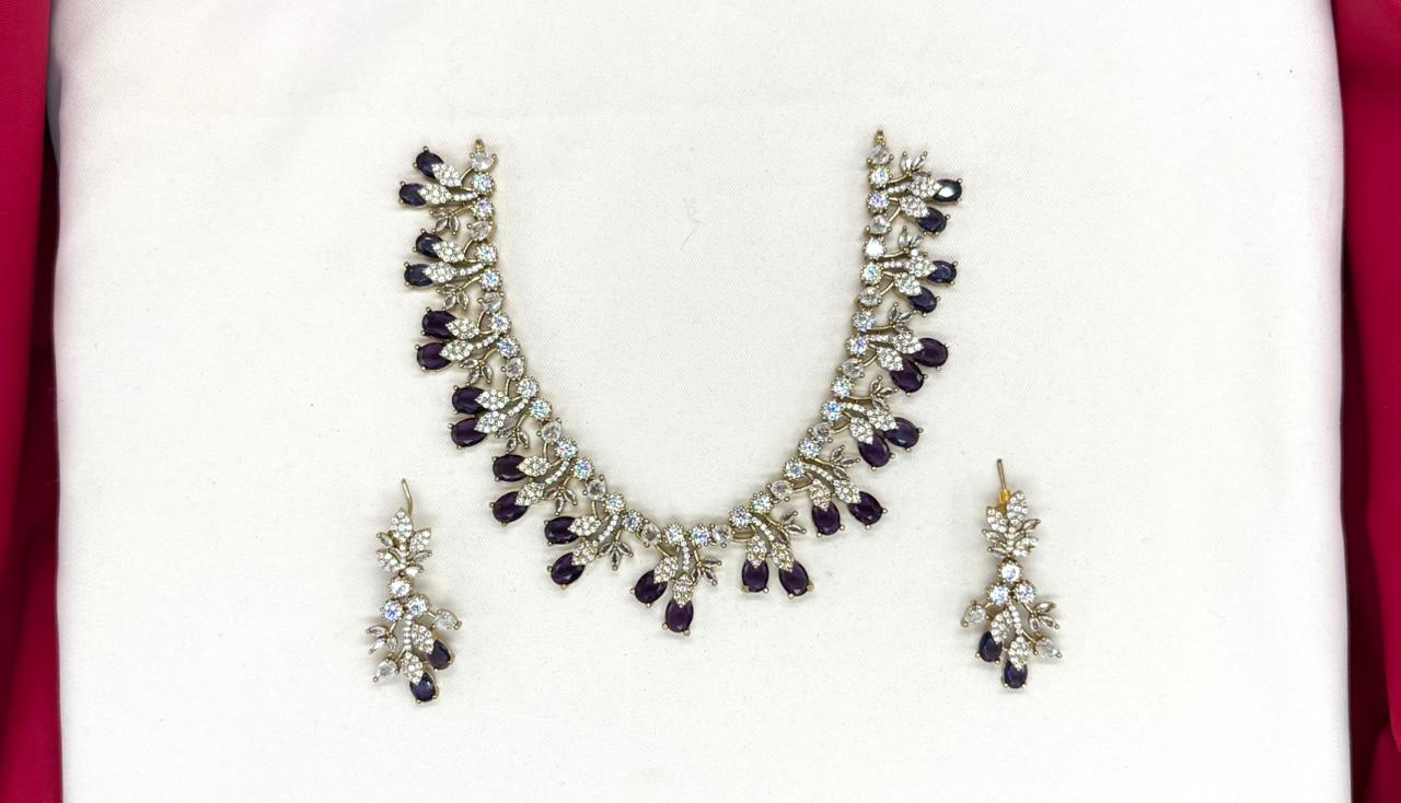 Mehndi finishing Leaf Designed Purple-Stones Short Necklace