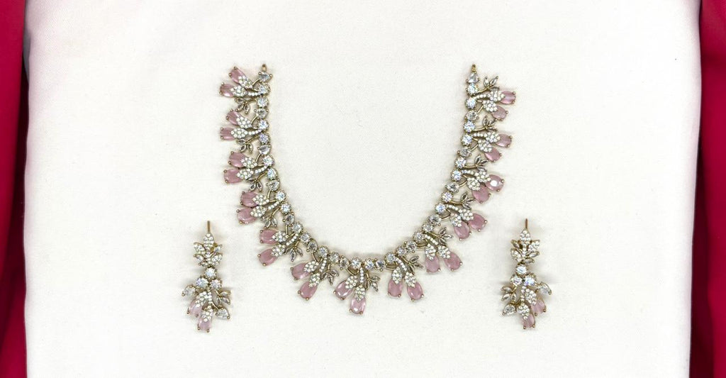 Mehndi finishing Leaf Designed Baby Pink-Stones Short Necklace