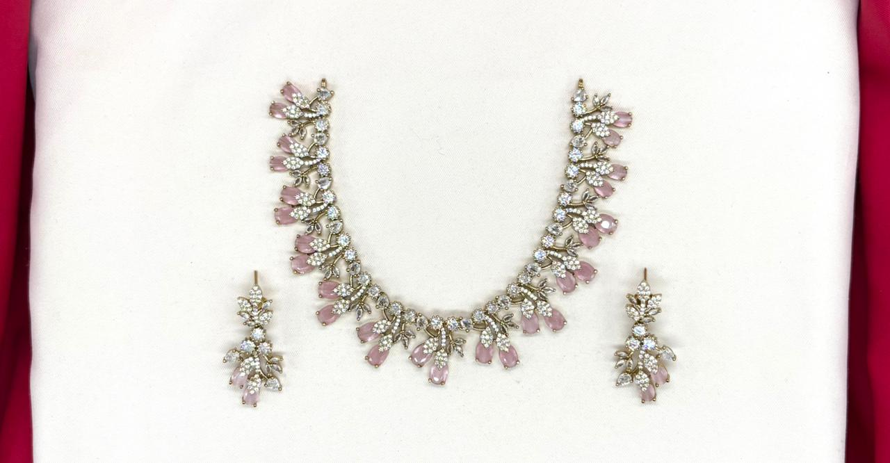 Mehndi finishing Leaf Designed Baby Pink-Stones Short Necklace
