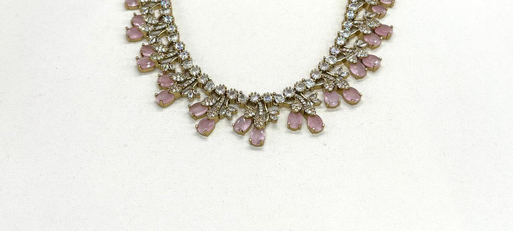 Mehndi finishing Leaf Designed Baby Pink-Stones Short Necklace