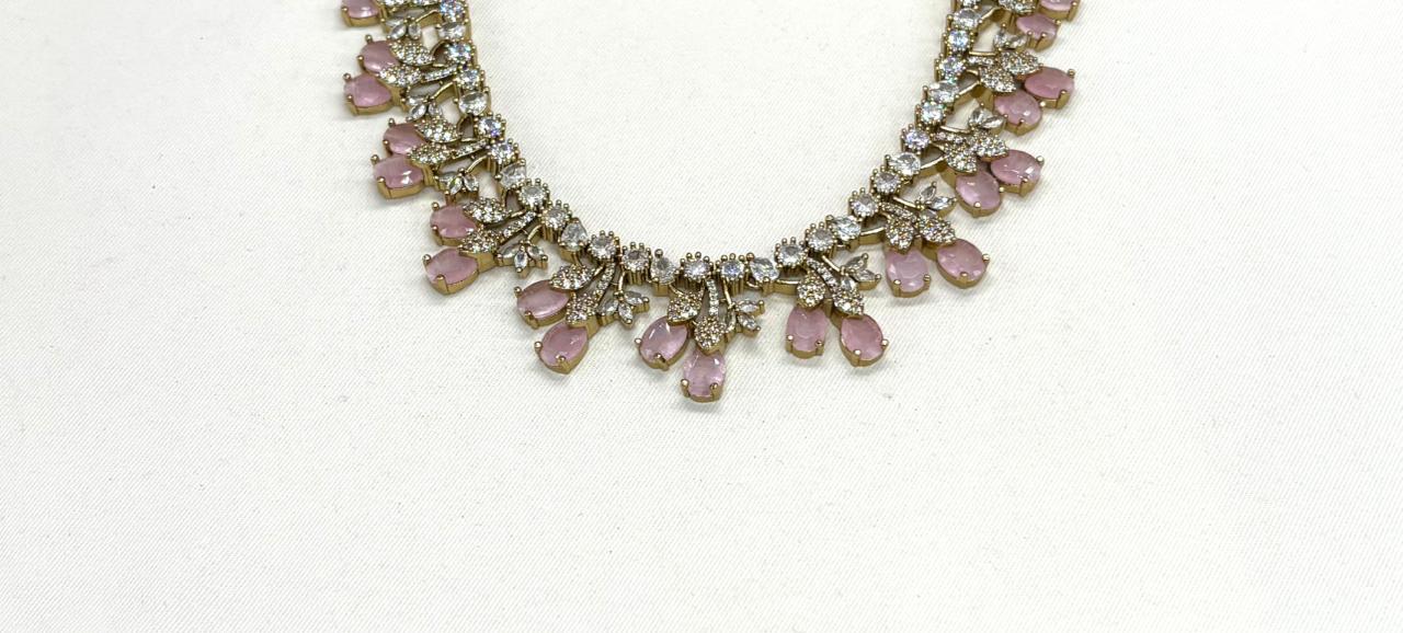 Mehndi finishing Leaf Designed Baby Pink-Stones Short Necklace