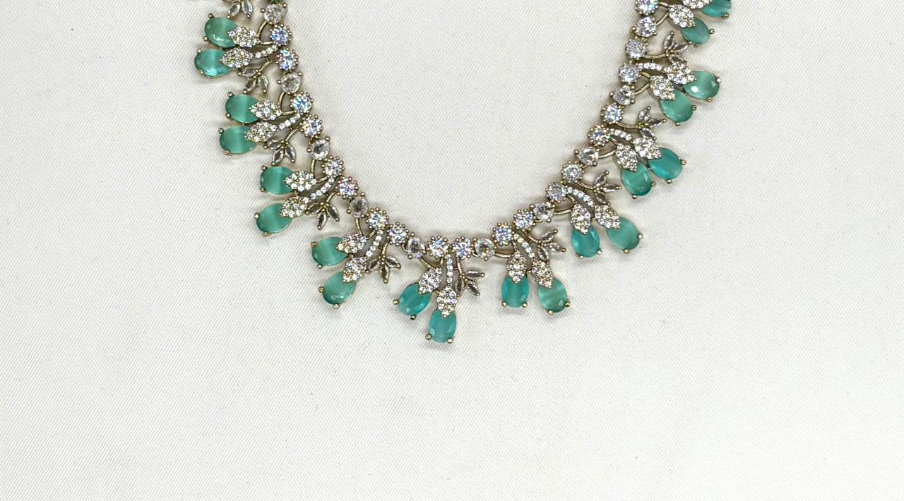 Mehndi finishing Leaf Designed Mint Green -Stones Short Necklace