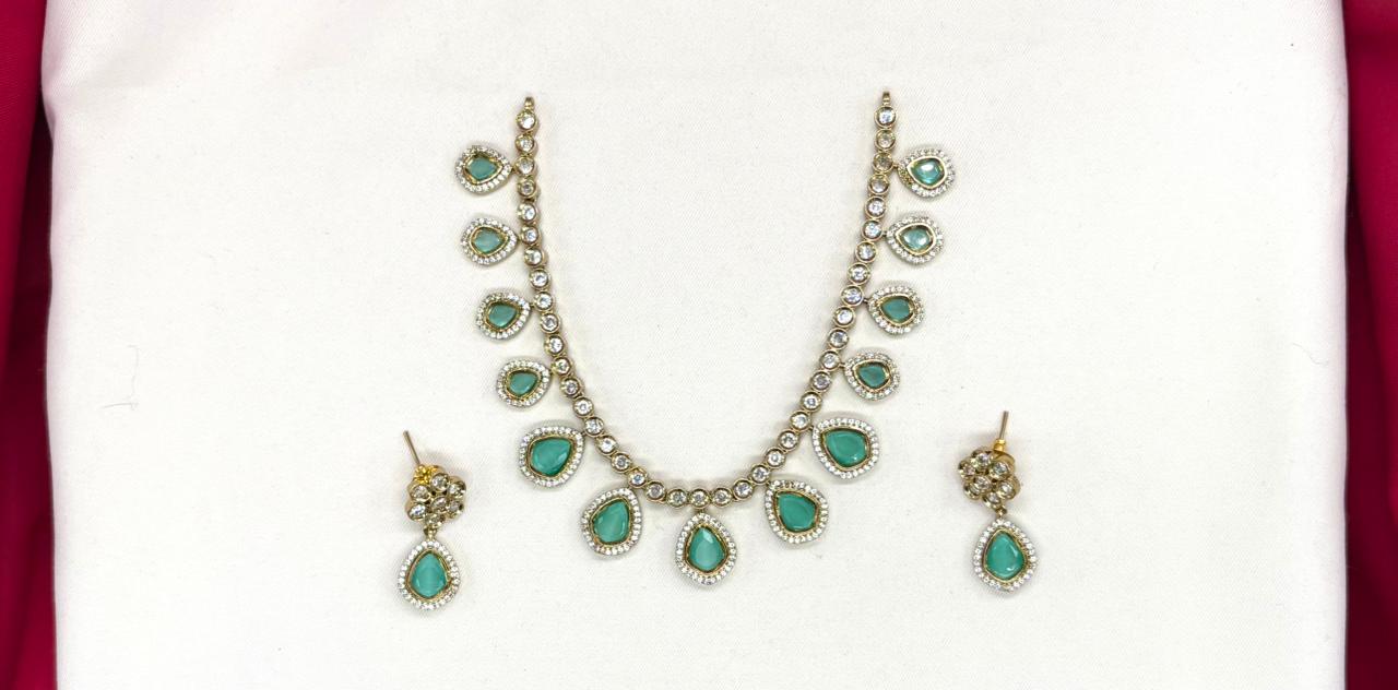 Mehndi finishing Mint-Green-Stones Short Necklace