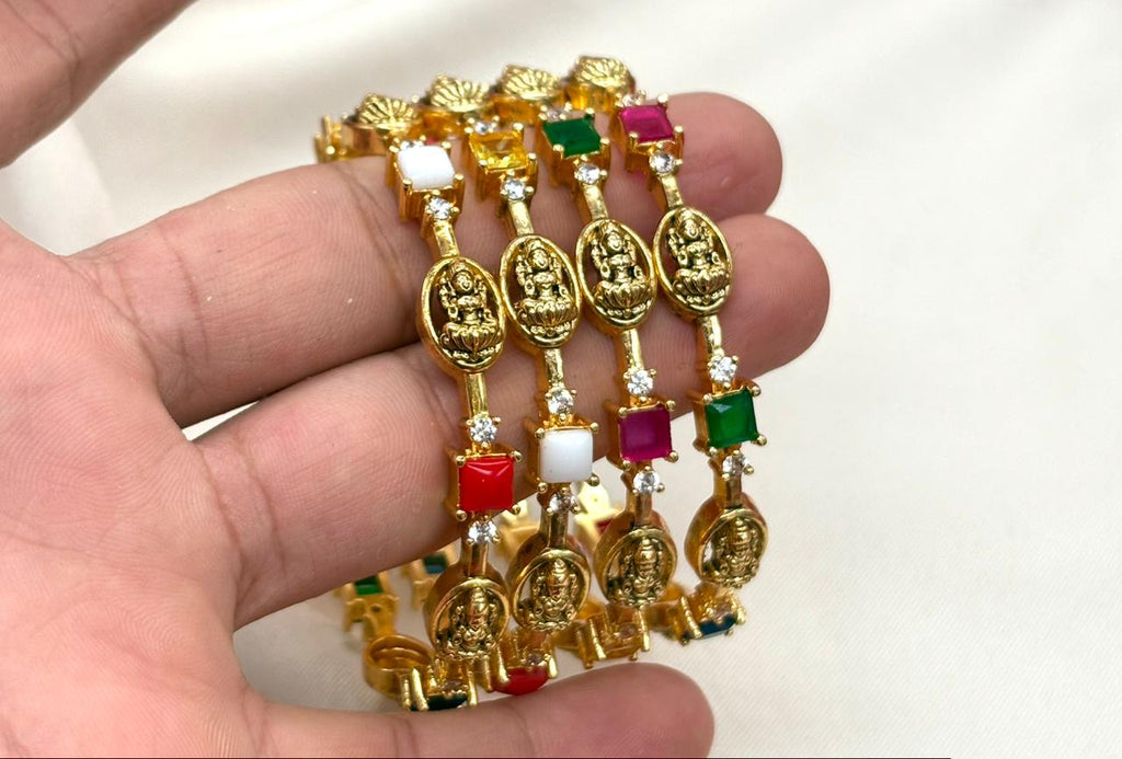 Matte finishing Lakshmi Navaratna block stone bangle colored CZ stones
