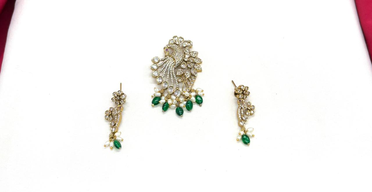 Victorian finishing peacock designed with green monalisa beads Locket