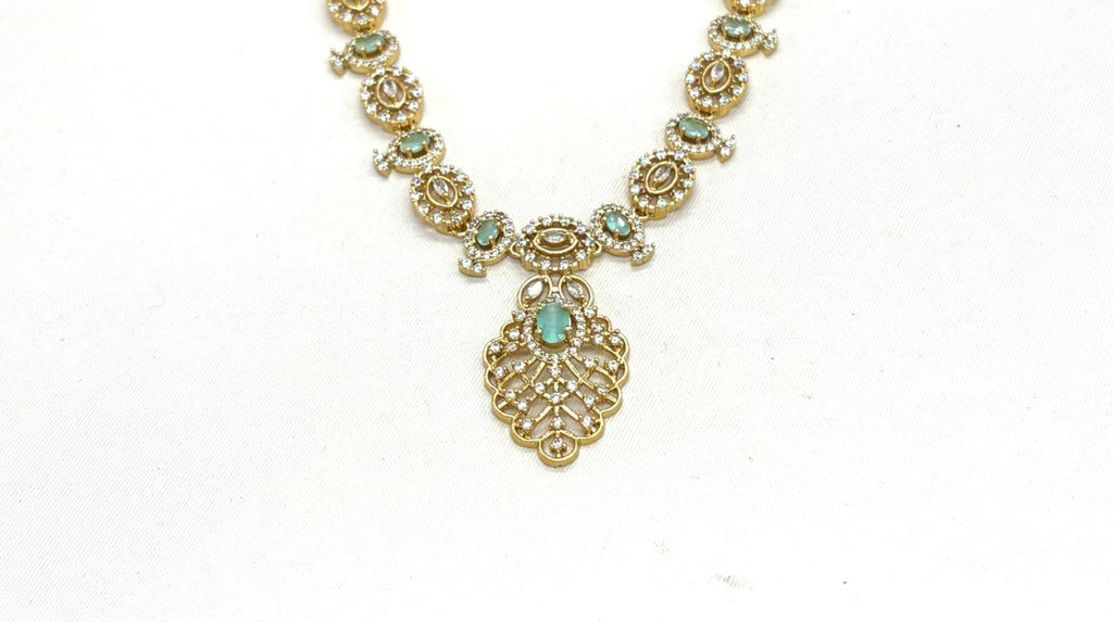 Matte finishing Mint-Green Leaf Designed with stones Long Necklace