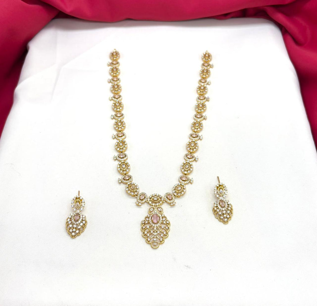 Matte finishing Baby-Pink Leaf Designed with stones Long Necklace